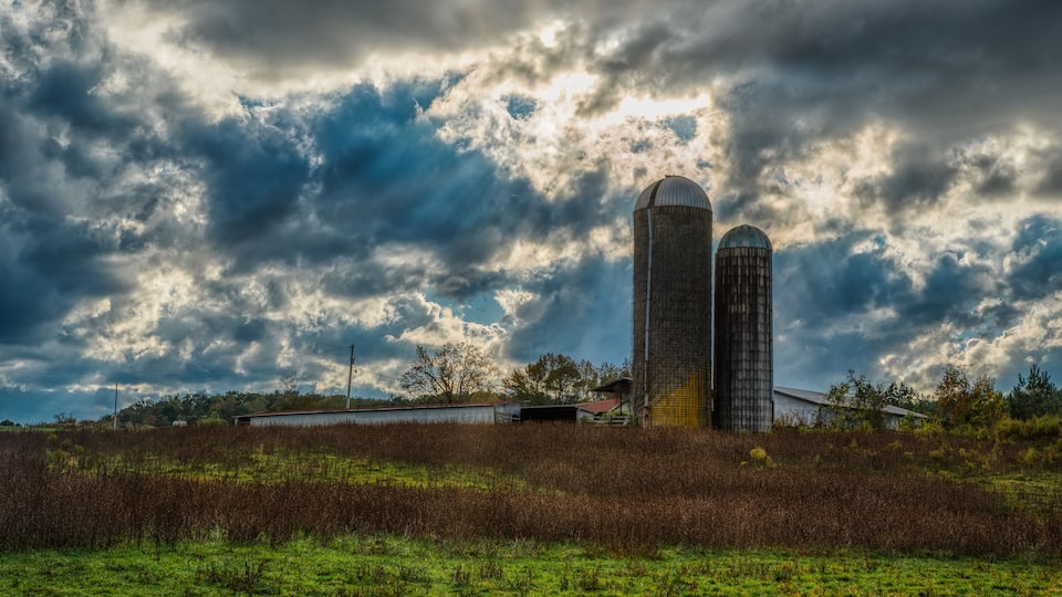 A farm with two silos and a barn under a cloudy sky.