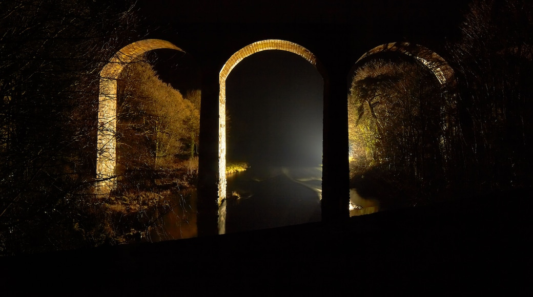 Glenluce viaduct over the river Luce in Scotland in the dark at night