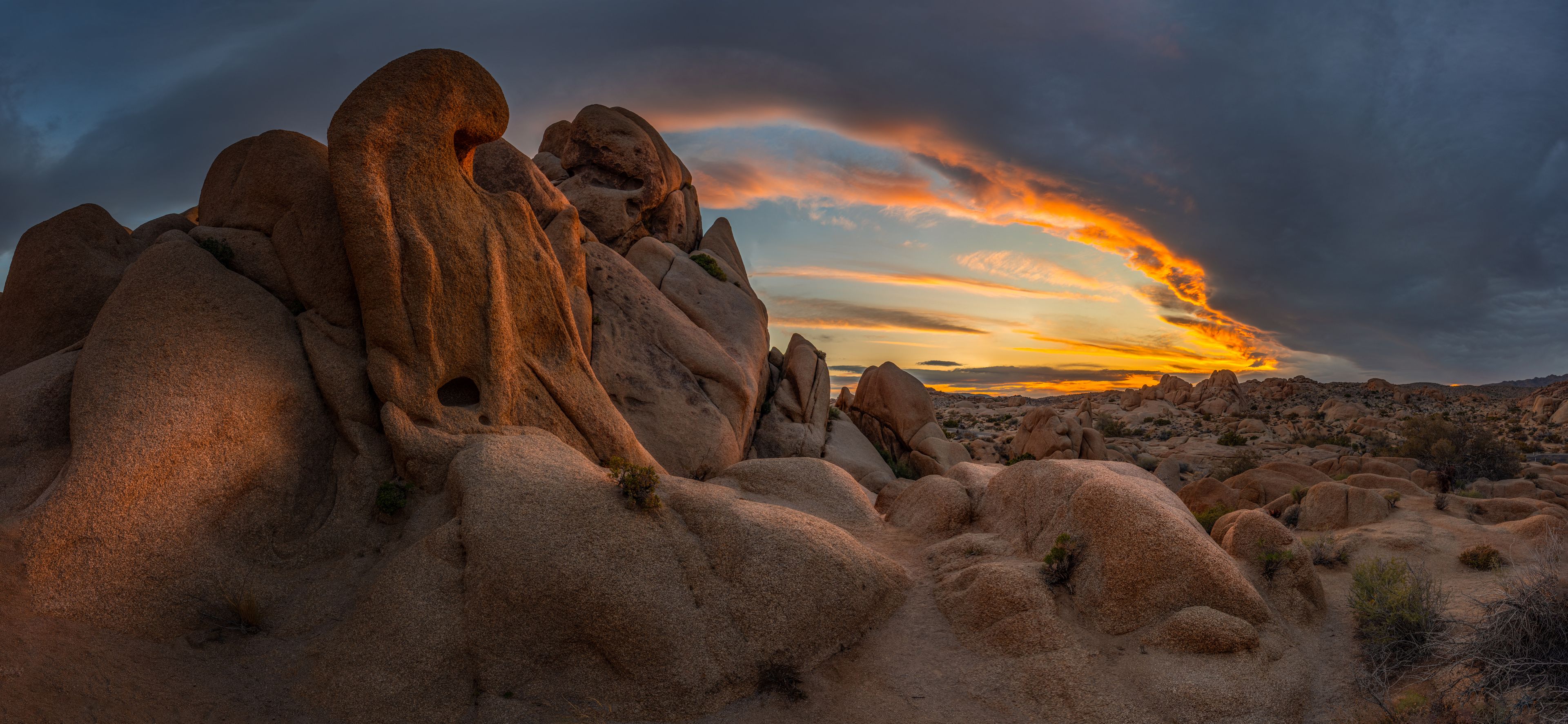View of the unique rock formations at Joshua Tree National Park during a dramatic sunset with golden light illuminating the desert landscape in Joshua Tree, California, United States.