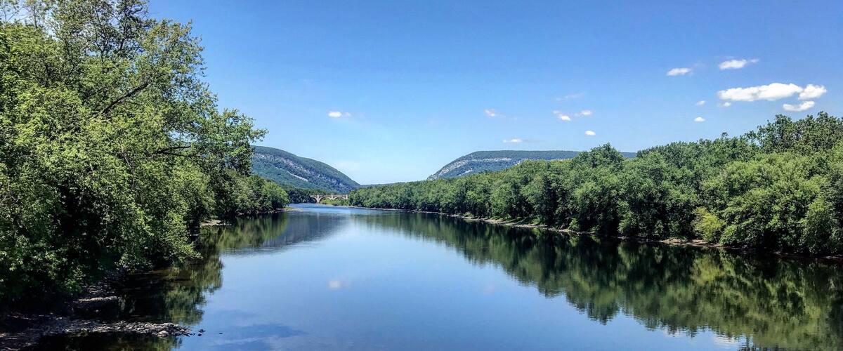 A calm river surrounded by lush green trees and hills under a clear blue sky.