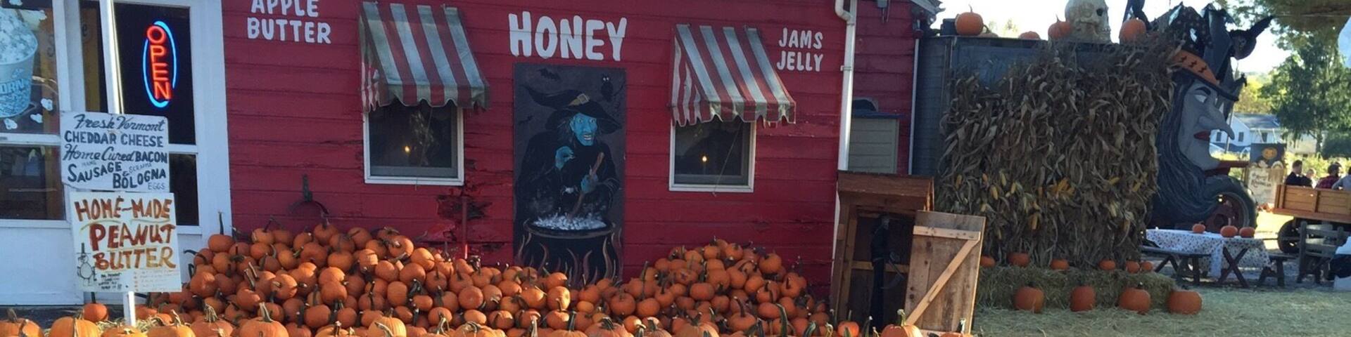 A red building with a sign that reads "Fruits Vegetables Country Store Marshall's" and a display of pumpkins.