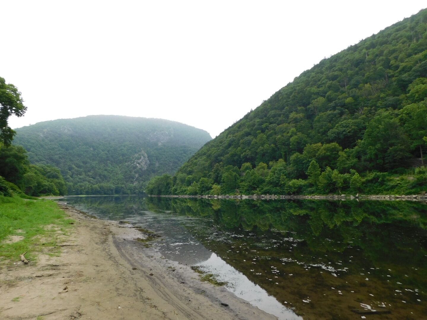 A river with a sandy bank and dense green forested hills in the background.