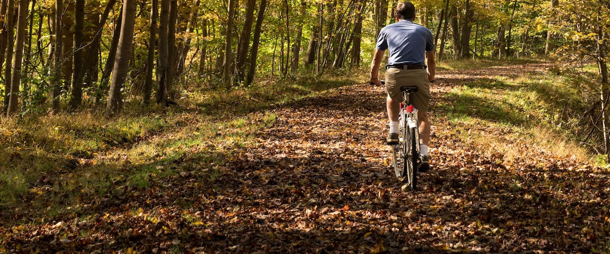 A man riding a bicycle on a leaf-covered path in a forest.