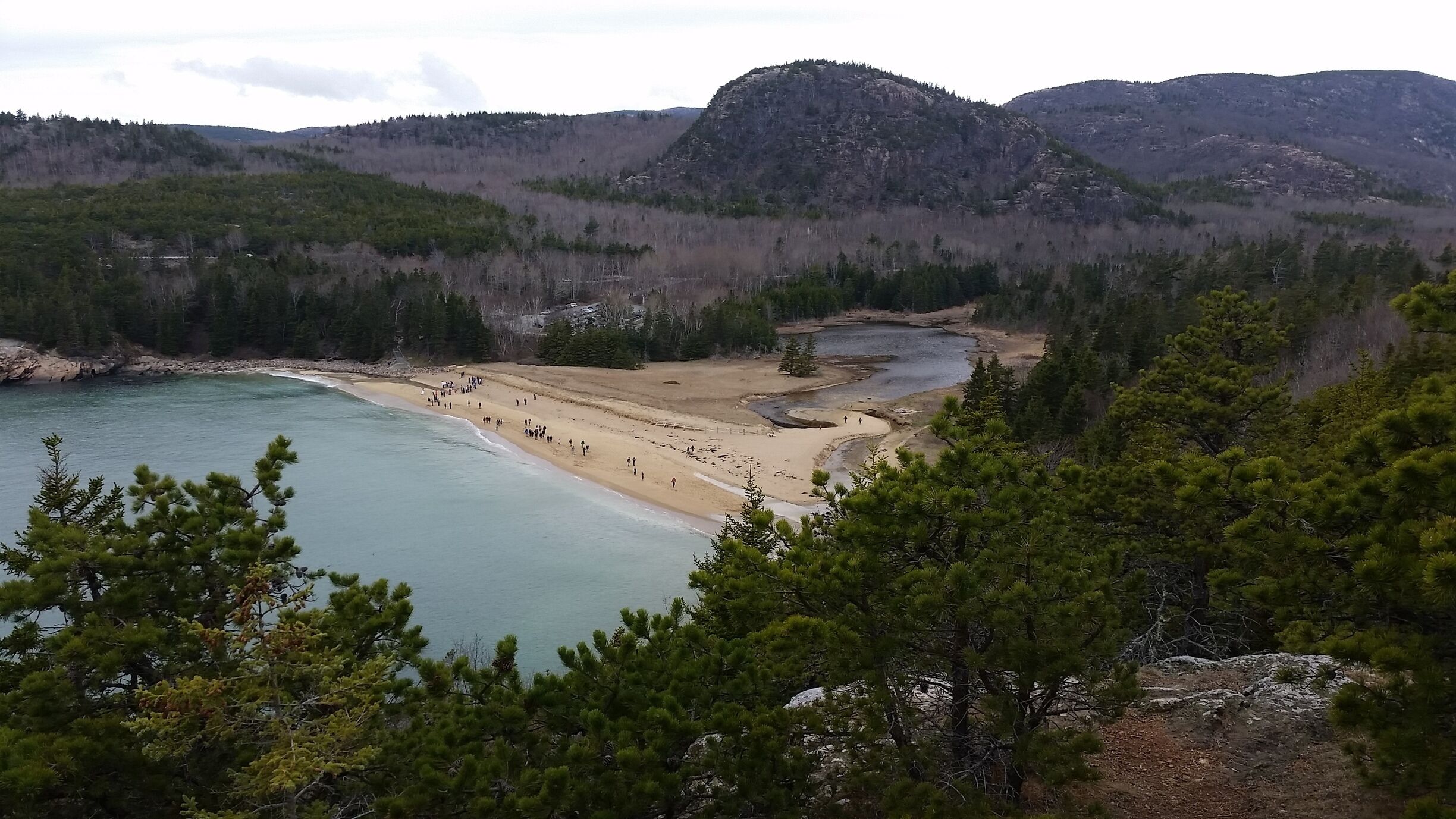 View of Sand Beach from Great Head trail at Acadia National Park.