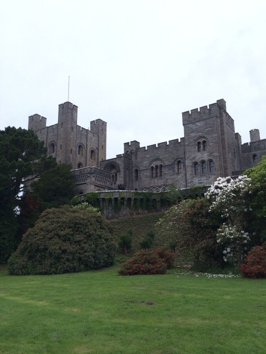 A large castle with multiple towers and arched windows, surrounded by lush greenery and flowering bushes.