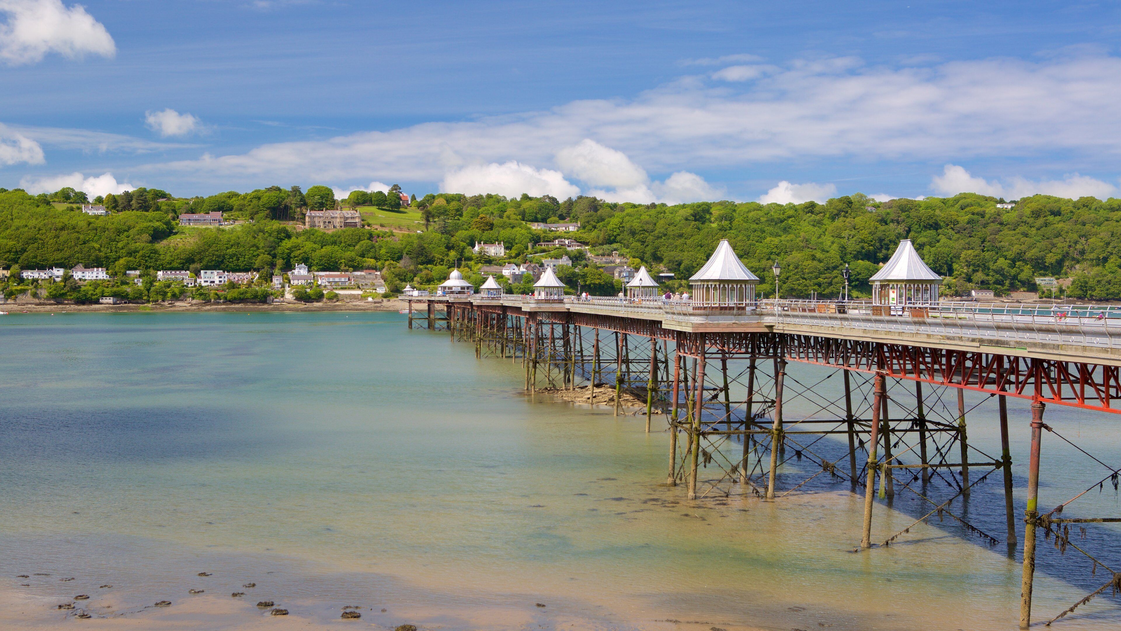 A pier extending into a calm body of water with a clear sky above.
