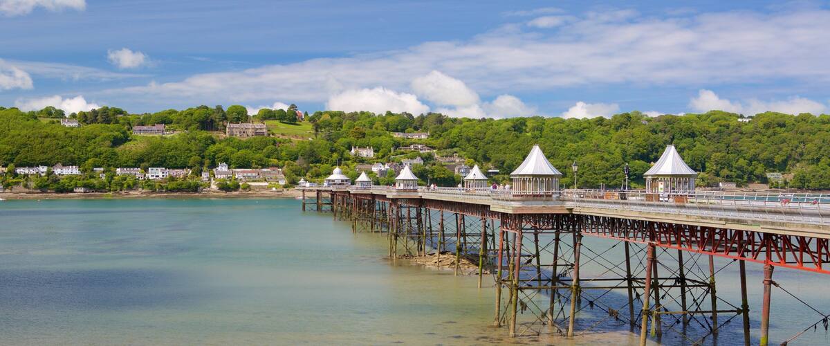 A pier extending into a calm body of water with a clear sky above.