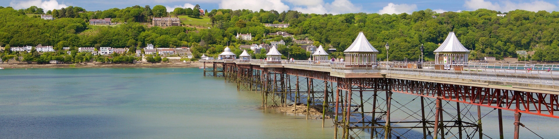 A pier extending into a calm body of water with a clear sky above.