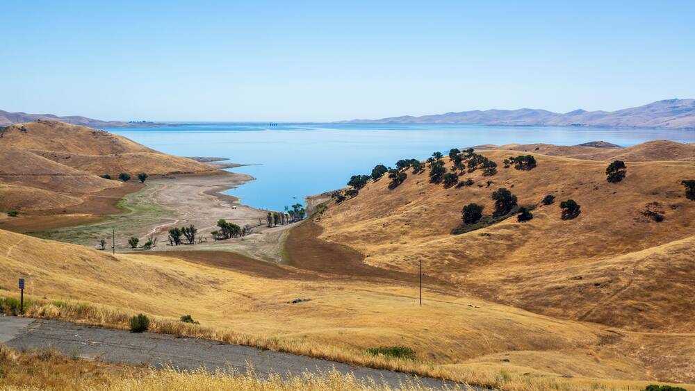 Driving through the golden hills of California; the San Luis Reservoir State Recreation area