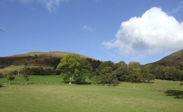 Fields and hills north of Rhyd-y-car To hill is an offshoot of the Black Mountains on the watershed between the Wye and Usk river systems.