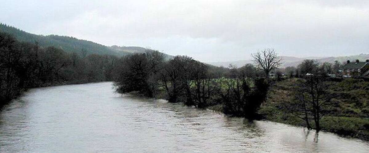 A river flowing through a valley with trees on both sides and hills in the background.