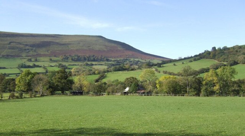Mynydd Troed from the east A view to the side of the hill from across the upper Rhiangoll valley near Pengenffordd.