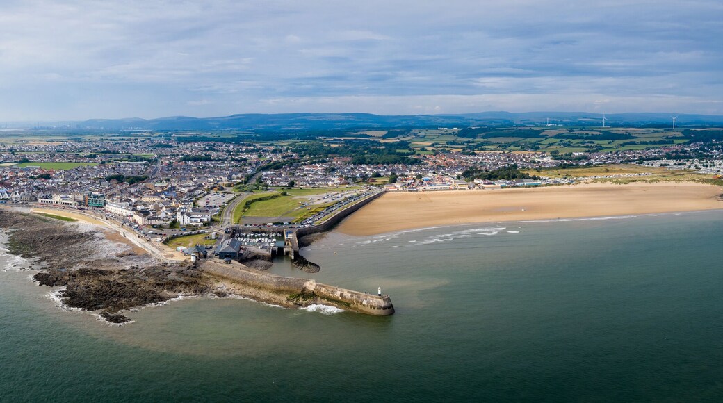 Aerial view of Porthcawl beach harbour and fun fair in South Wales UK