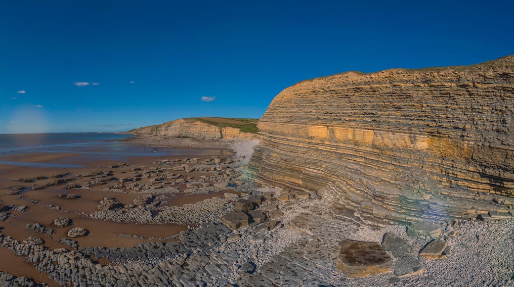Stunning Aerial viewt of Dunraven Bay in the Vale of Glamorgan on the Welsh coast