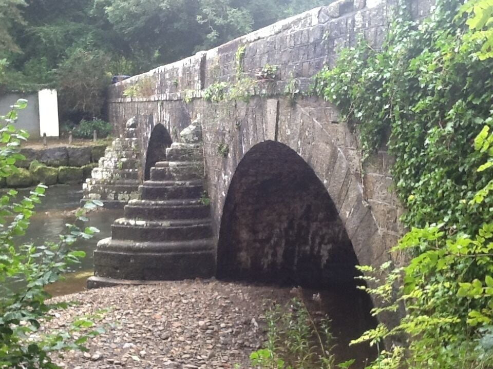 Un puente de piedra con dos arcos sobre un río, rodeado de vegetación.