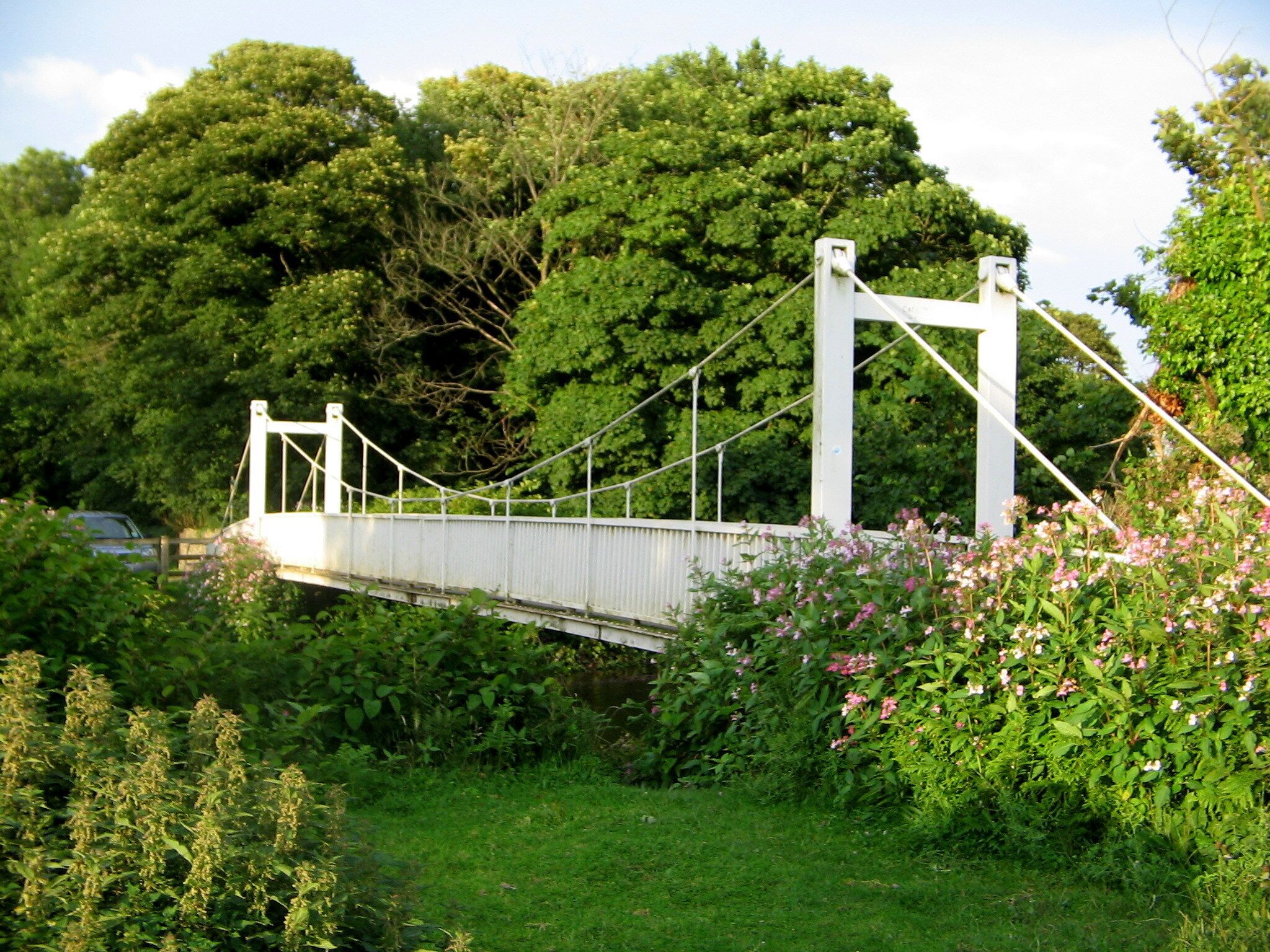 A white suspension bridge with a metal railing, surrounded by lush greenery and flowering plants.