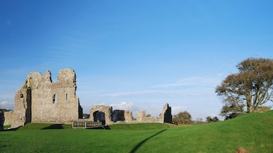 Les ruines d’un château médiéval, avec une colline verdoyante et un ciel bleu azur.