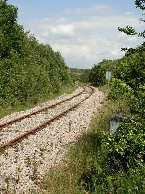 Railway tracks curving through a rural landscape with dense greenery on both sides.