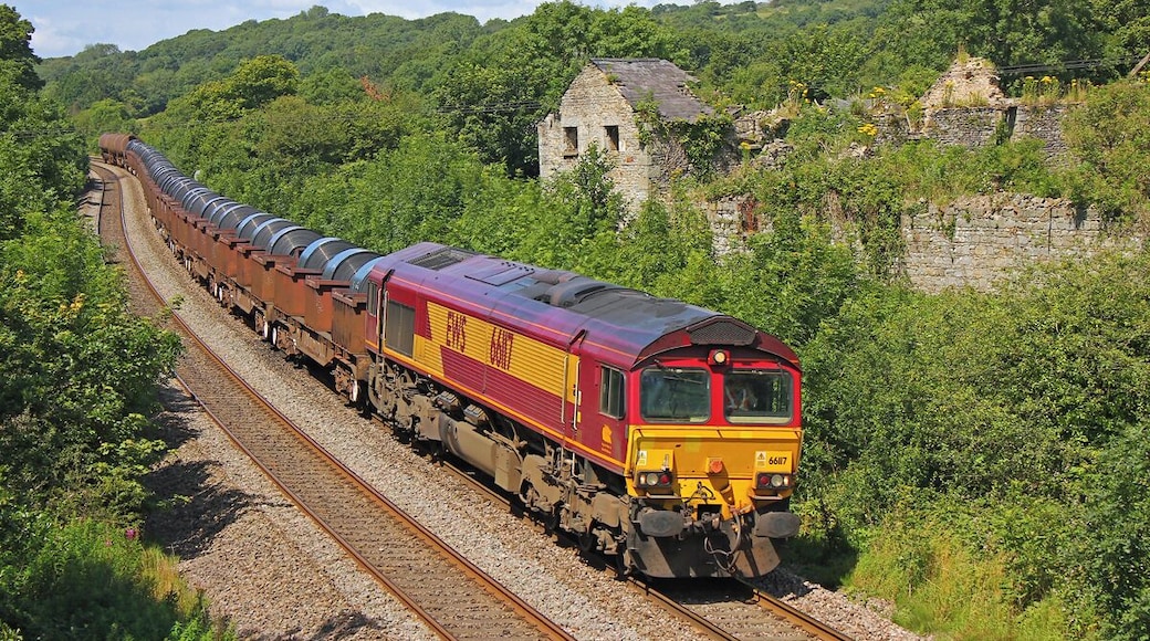 A red and yellow train traveling through a lush green landscape with a stone structure in the background.