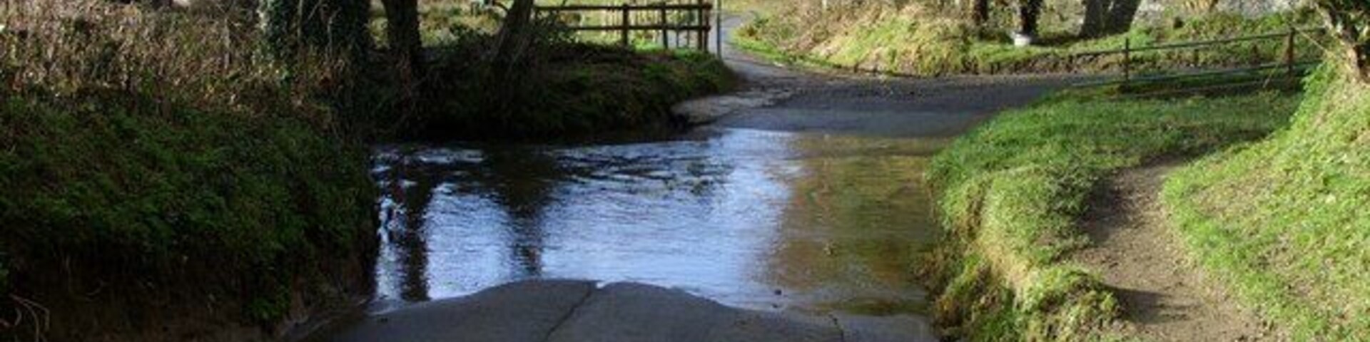 Un camino estrecho cruza un pequeño arroyo con un puente de madera, rodeado de árboles y orillas cubiertas de hierba.