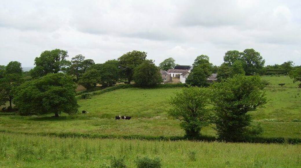A grassy field with trees and a house in the background.