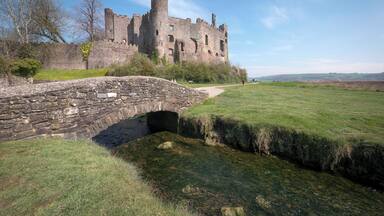 A historic castle with a stone bridge over a stream, surrounded by grassy fields and trees.