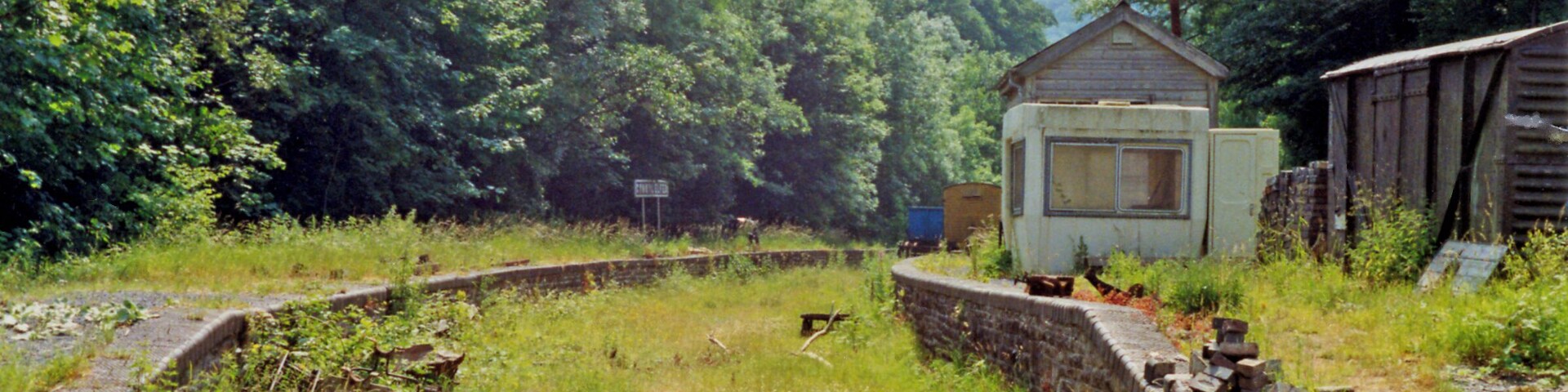 Conwil station remains, 1992. View southward, towards Carmarthen: ex-Great Western Carmarthen - Aberystwyth line, closed 22/2/65.