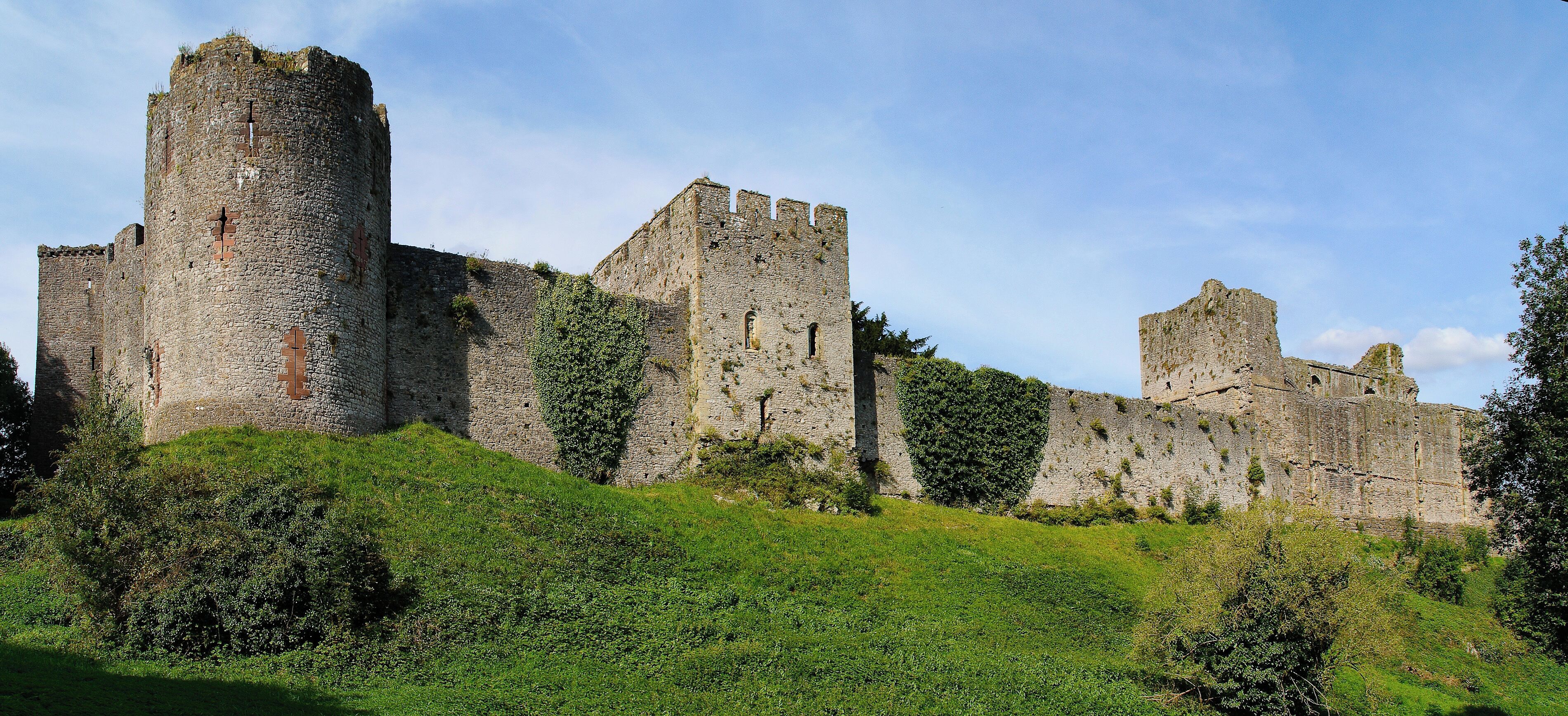 A medieval castle with multiple towers and walls, surrounded by lush greenery.
