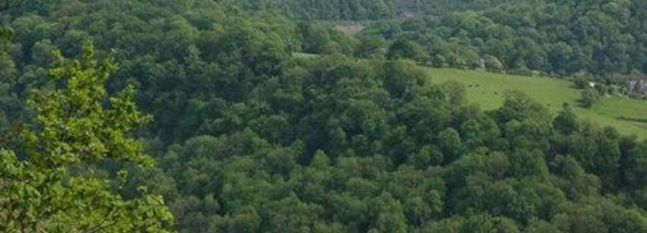 Wintour's Leap viewed from the Eagle's Nest View from the Eagle's Nest, across the Lancaut Peninsula to the cliffs above the River Wye known as Wintour's Leap. The Severn Estuary can be seen in the distance.
