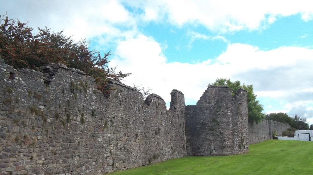 Surviving section of the medieval town wall of Chepstow, Monmouthshire, Wales. A nearby plaque reads: "The wall that defended the mediaval town of Chepstow has been called the Portwall for many years. It was apparently planned and built as a whole by order of Roger Bigod, fifth Earl of Norfolk, during the period 1272-1278. About two-thirds of the original length of 1123 metres still survives. . . . The wall now appears smaller as the ground level has risen by about 2m, there was also a defensive ditch in front of the wall."