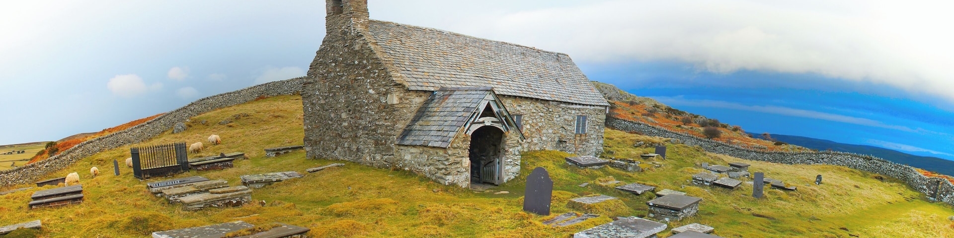 Llangelynnin Church. 12th Century, possibly one of the remotest churches in Wales (53.2458°N 3.8730°W), and is amongst the oldest. It is just over 900 feet above the village of Henryd in the Conwy valley (Dyffryn Conwy).