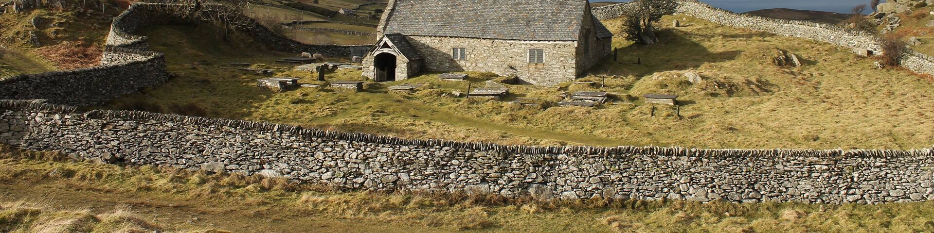 Llangelynnin Church. 12th Century, possibly one of the remotest churches in Wales (53.2458°N 3.8730°W), and is amongst the oldest. It is just over 900 feet above the village of Henryd in the Conwy valley.