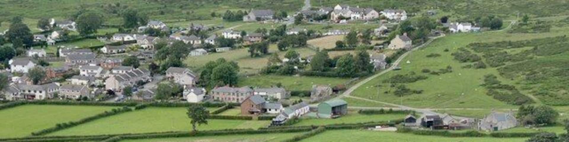 A rural village with houses, fields, and scattered trees.