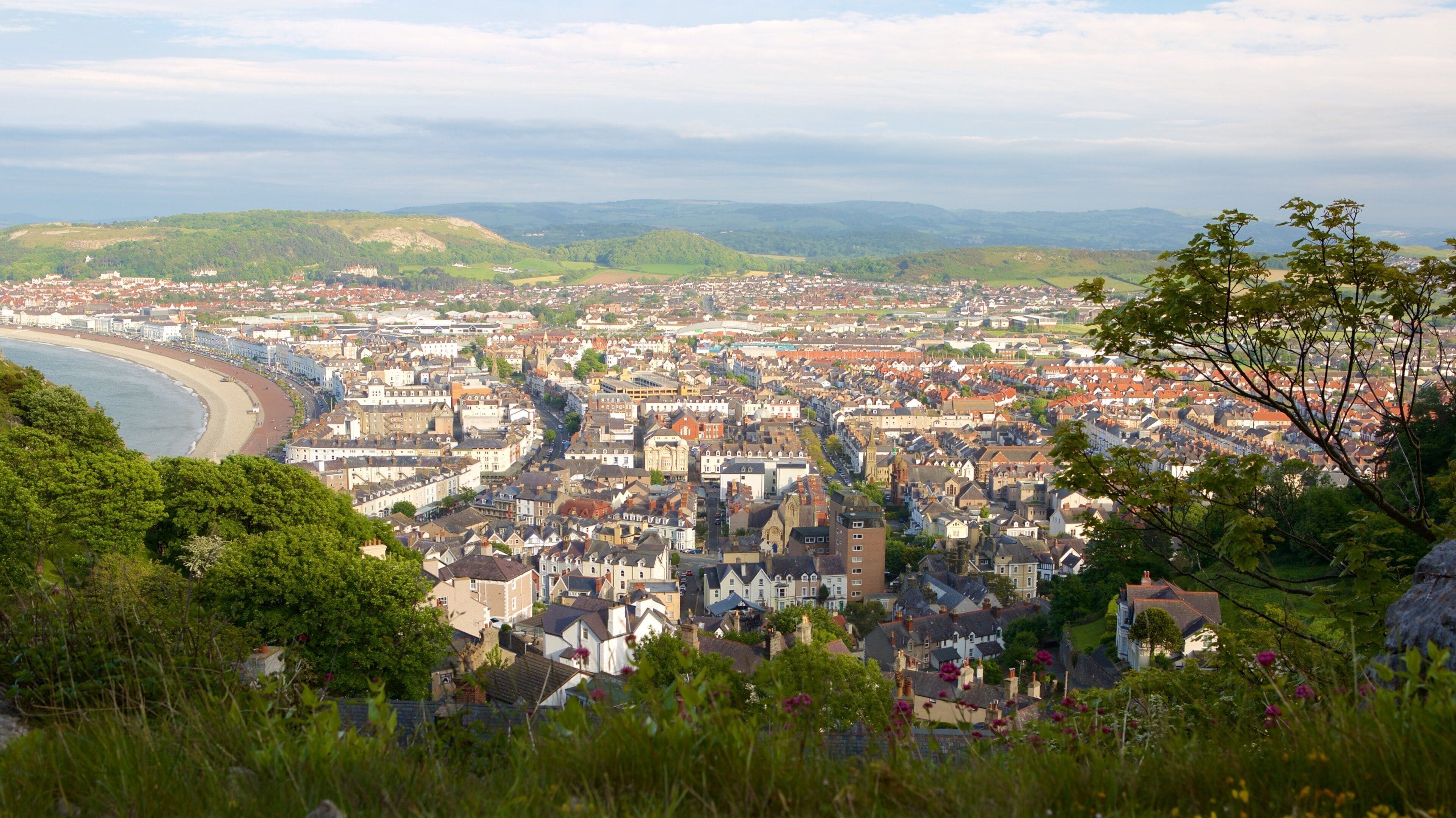 A coastal town with a beach, historic buildings, and rolling hills in the background.