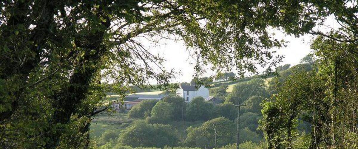 A rural landscape with a gate leading to a house on a hill.