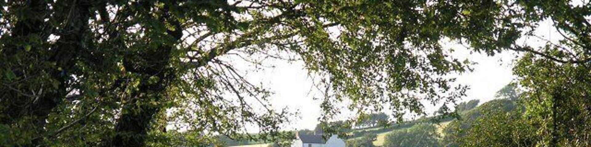 A rural landscape with a gate leading to a house on a hill.