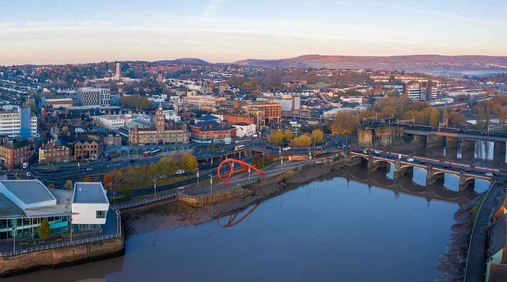 An aerial view at sunrise of Newport city centre, south wales United Kingdom, taken from the River Usk