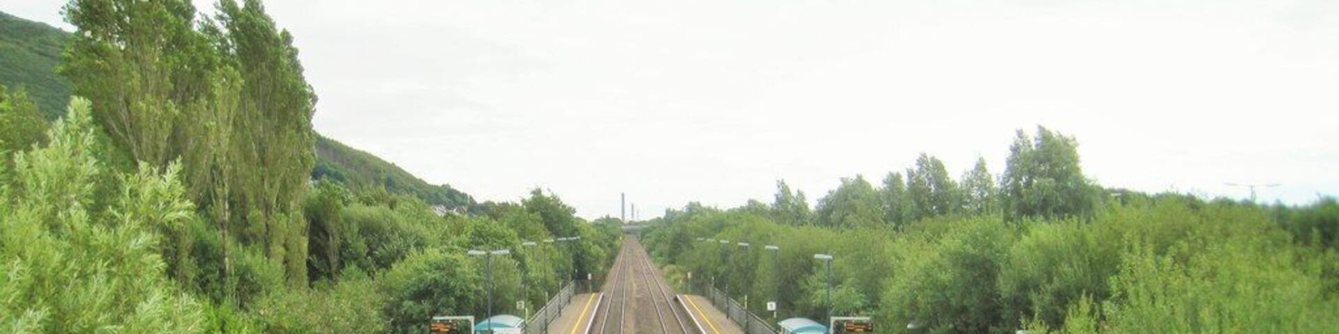 Baglan railway station Opened in 1996 by British Rail on the line from Cardiff to Swansea. View south east towards Port Talbot and Cardiff.