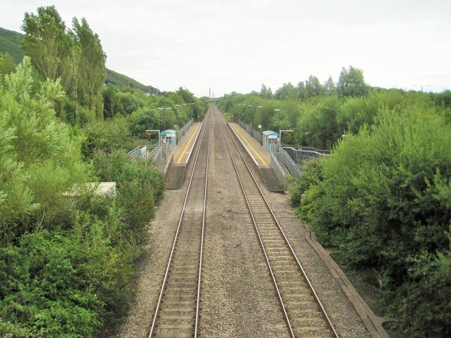 Baglan railway station Opened in 1996 by British Rail on the line from Cardiff to Swansea. View south east towards Port Talbot and Cardiff.
