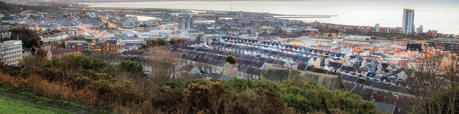 Editorial Swansea, UK - November 24, 2017: Daybreak over Swansea city, the second largest city in Wales after Cardiff, UK, showing the East Side and the new University campus.