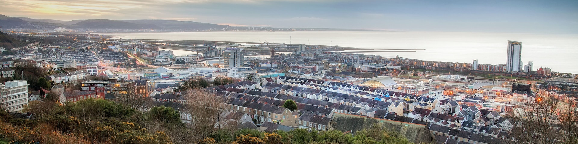 Editorial Swansea, UK - November 24, 2017: Daybreak over Swansea city, the second largest city in Wales after Cardiff, UK, showing the East Side and the new University campus.