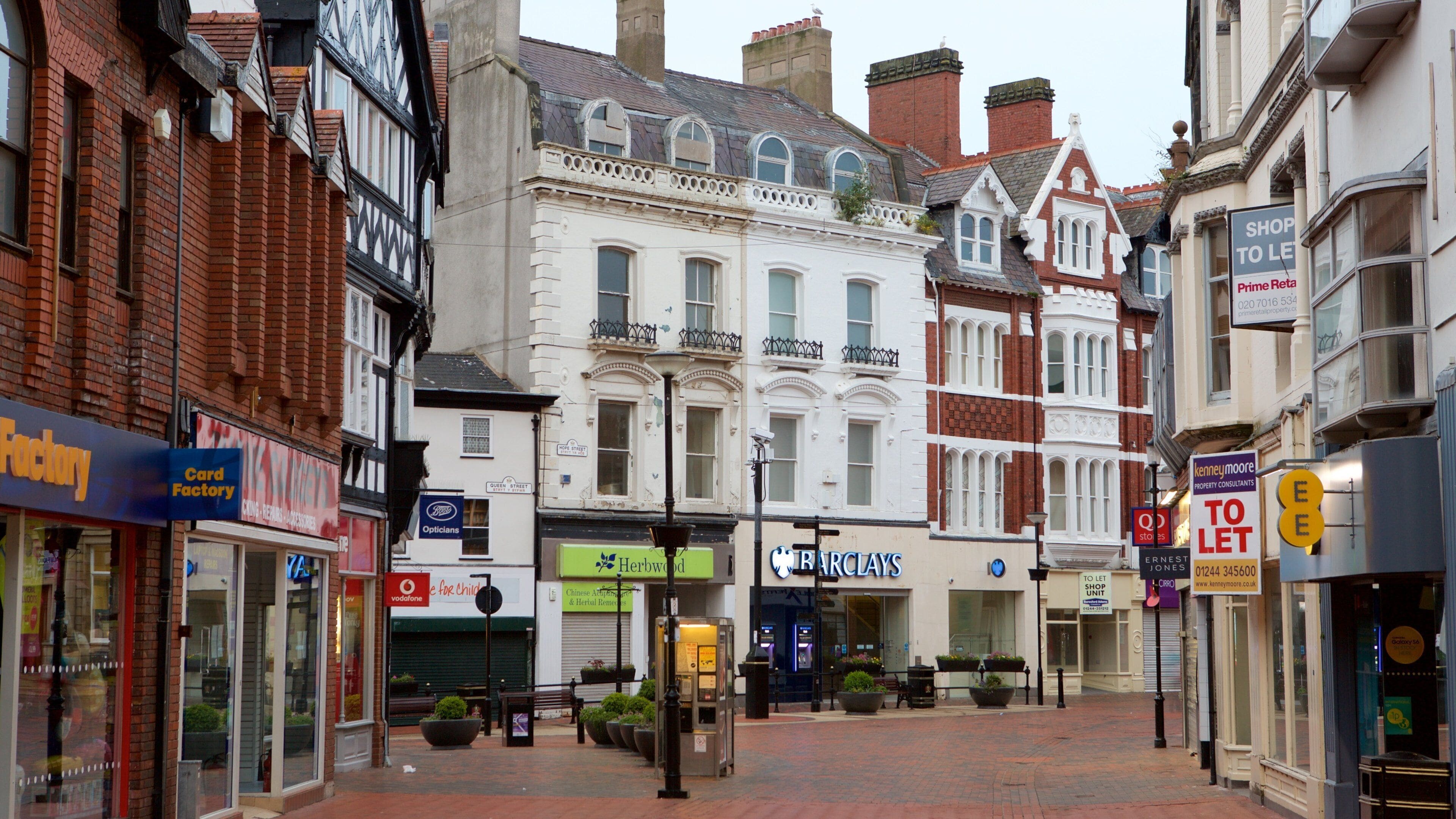 A street with various shops, including a factory, a bank, and a pharmacy.