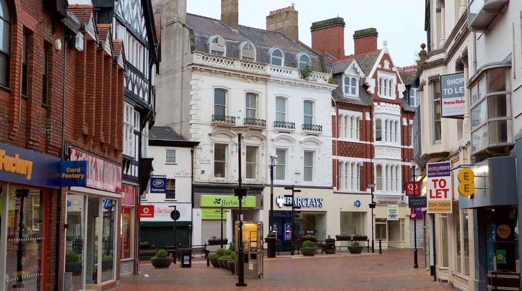 A street with various shops, including a factory, a bank, and a pharmacy.