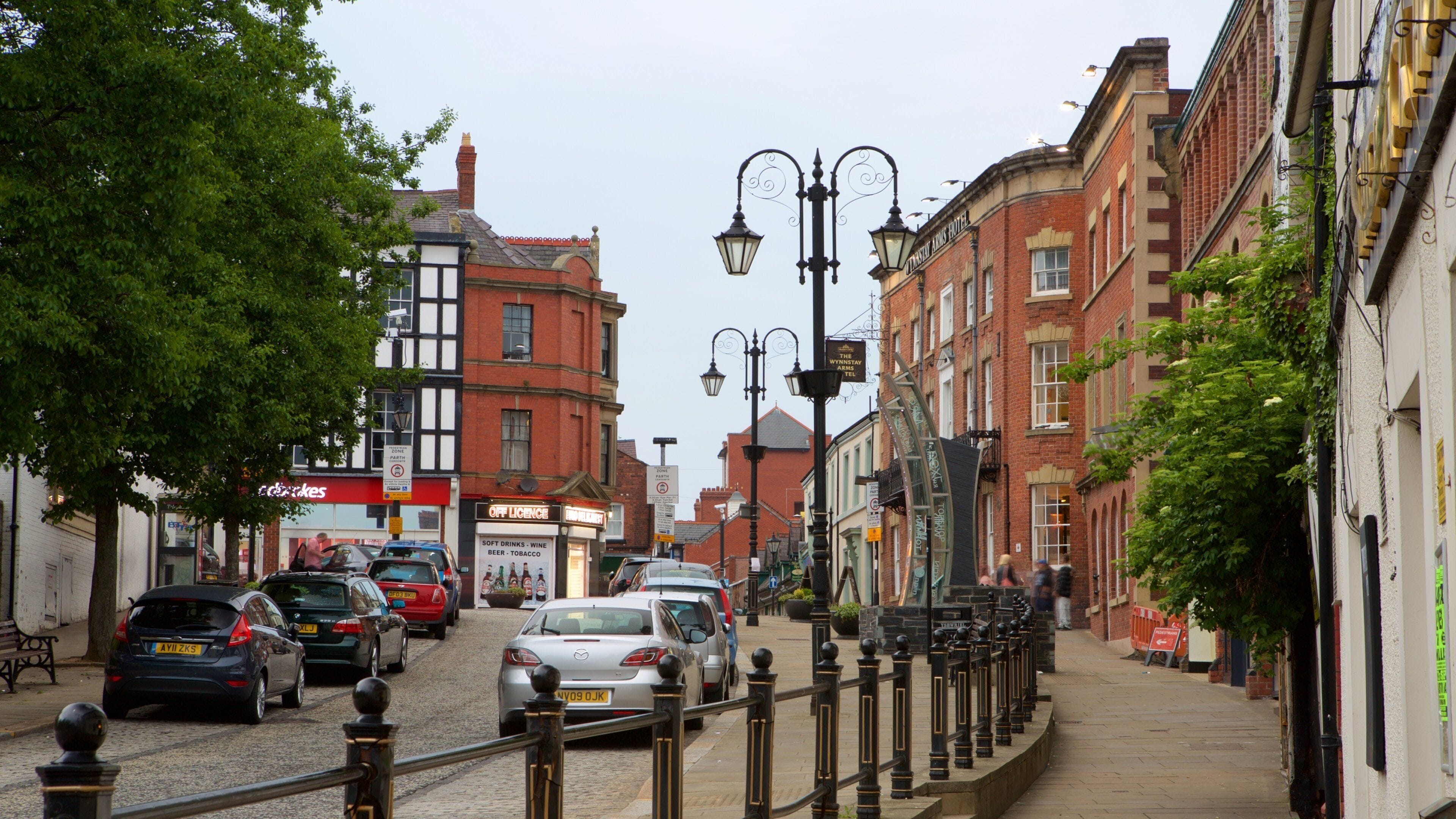 A cobblestone street lined with historic buildings, parked cars, and street lamps.