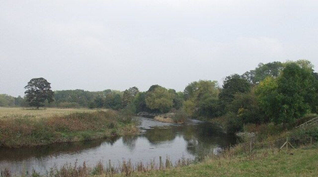 Afon Dyfrdwy at The Craig. Having meandered around Bangor-is-y-coed the river moves off northwards to meander its way along the English / Welsh border towards Holt.