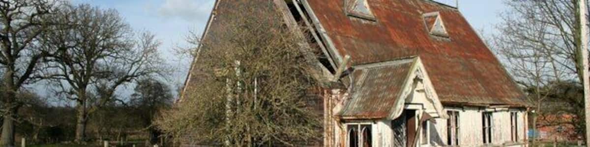 Disused "tin tabernacle" church at Abenbury, near Wrexham, Wales
