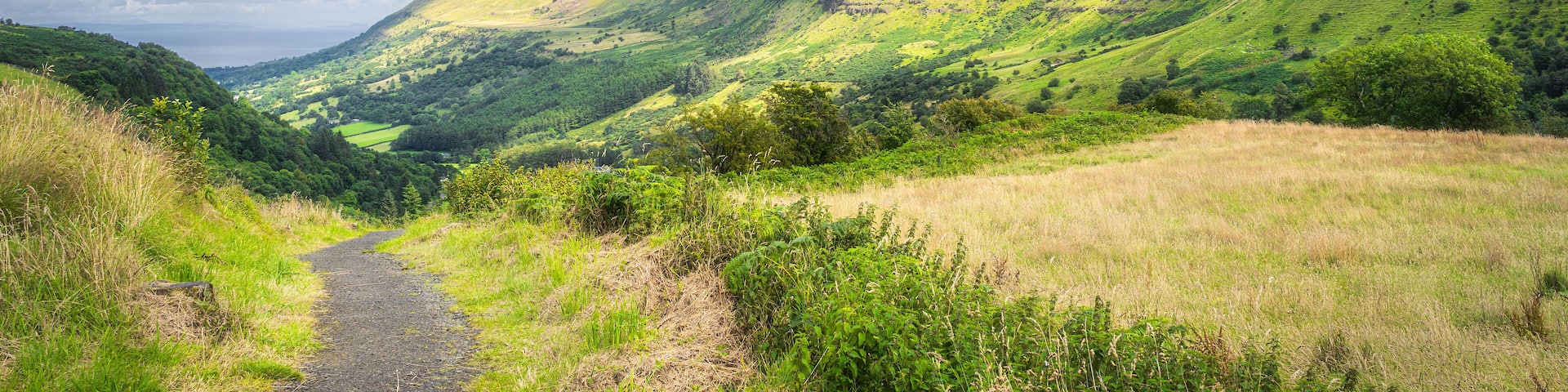 A winding path through a lush valley with rolling hills and a cloudy sky.