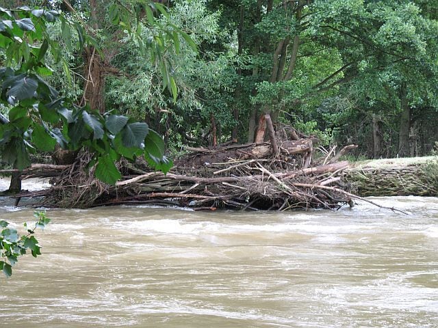 Log jam, Barrett's Mill Tree trunks piled against an island in the Teme. Some of the debris from flooding during the Summer of 2007.