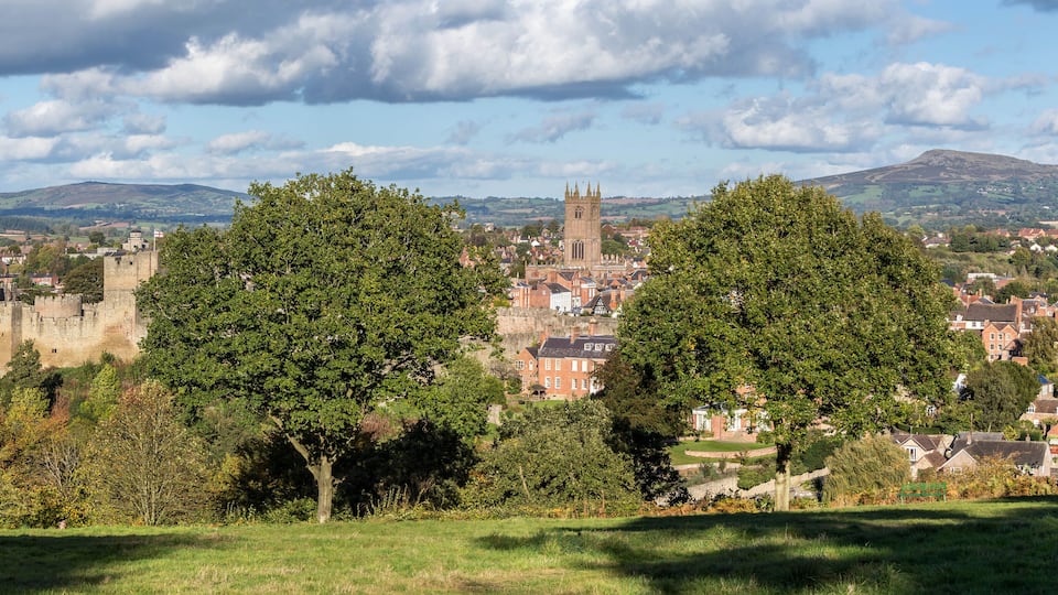 A historic town with a prominent church tower, surrounded by lush greenery and rolling hills in the background.