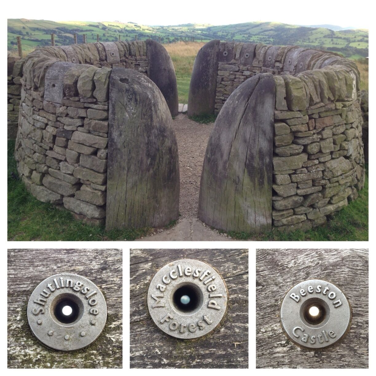 Here's an interesting thing. Looks like a circular sheep pen made from dry stone walls split by two chunky and smooth wooden kissing styles. It is a viewing point with about a dozen holes through the top stones aligned to frame landmarks on the 360 degree horizon, with lovely industrial looking metal 'eyepieces' bearing the names of what you are looking it. Tegg's Nose hill is the site of a disused quarry that operated from the 16th century until 1955.